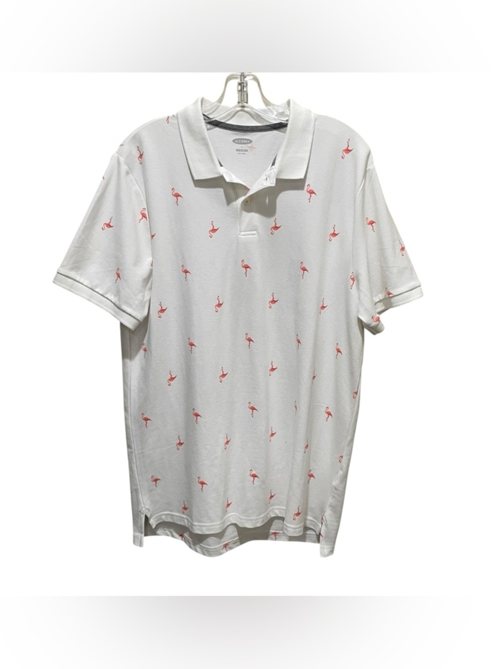Old Navy Flamingo Print Built In Flex Go Dry Polo Shirt White Men Size Large NWT